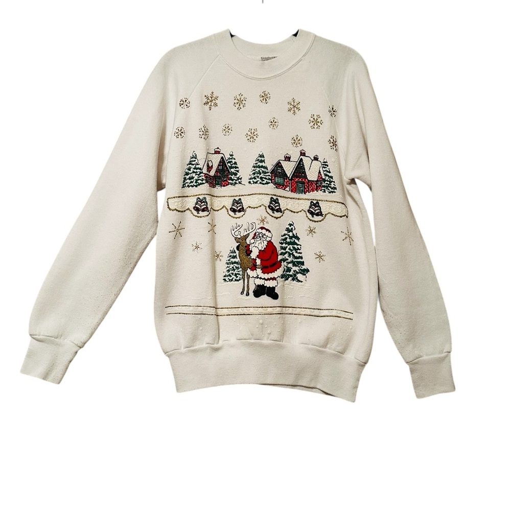 Vintage Oneita Ugly Christmas Sweatshirt 90s Santa Reindeer Cottage Size Med